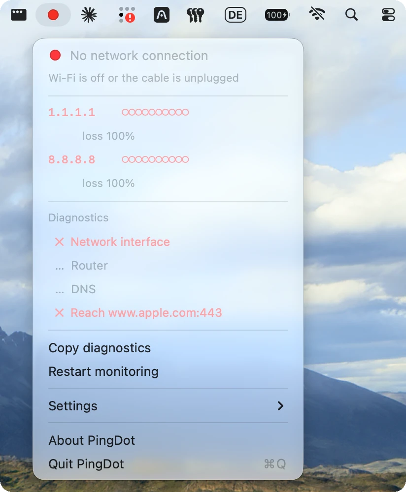 The PingDot menu under a red dot: no network connection, Wi-Fi is off or the cable is unplugged.